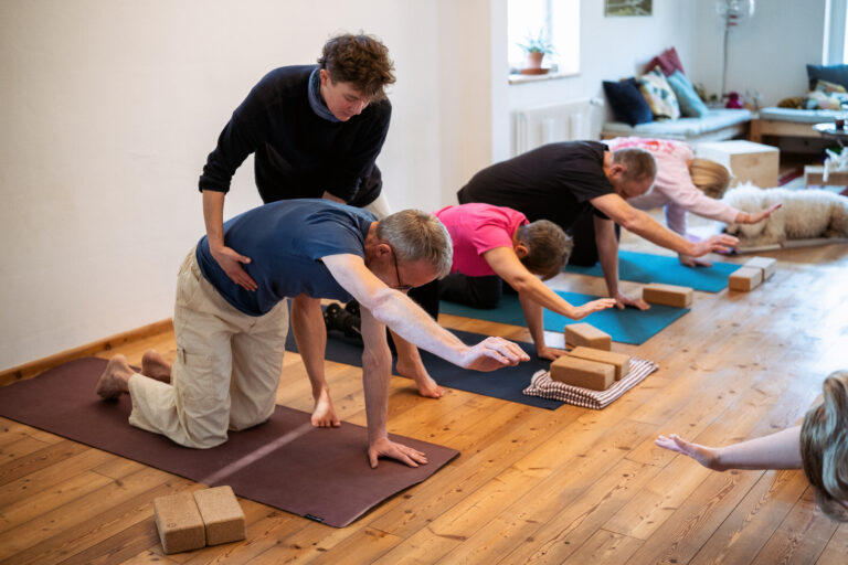 Gruppe macht eine Bauchmuskelübung im Vierfußstand.